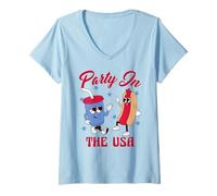 Mujer Trendy Apparel Party In The USA Happy Hot Dog and Drink Camiseta Cuello V
