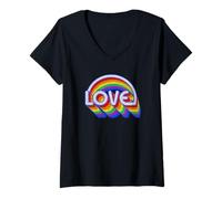 Mujer Trendy Apparel Pride Love Stacked Rainbow Lettering and Arch Camiseta Cuello V