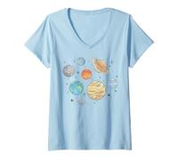 Mujer Trendy Apparel Solar System Planets Jumbled Watercolor Style Camiseta Cuello V