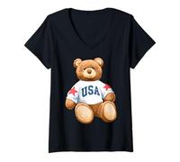 Mujer Trendy Apparel Teddy Bear with USA and Stars Sweatshirt Camiseta Cuello V