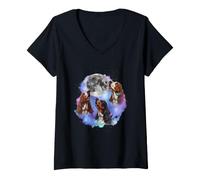 Mujer Tres Basset Hounds aúllan en la Luna, Padre de Perro Amante del Basset Hound Camiseta Cuello V