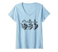 Mujer Tres Corazones del Santo Sagrado Corazón de Jesús María José Camiseta Cuello V
