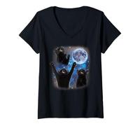 Mujer Tres Gatos Aullando A La Luna Extraño Meme Tuxedo Cat Camiseta Cuello V