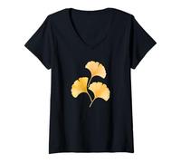 Mujer Tres Hojas de Ginkgo Acuarela ilustración Camiseta Cuello V