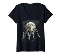 Mujer Tres lobos aullando a una luna llena Arte Alfa Salvaje Hombres Mujeres Camiseta Cuello V