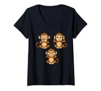 Mujer Tres Monos sabios | Cute Chibi - Speak Hear See No Evil Camiseta Cuello V