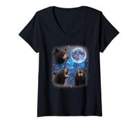 Mujer Tres Osos Aullando a la Luna Meme extraño 3 Bear Moon Camiseta Cuello V