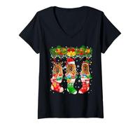 Mujer Tres Perros Chow Chow, Elfos de Papá Noel, en Calcetines navideños Camiseta Cuello V