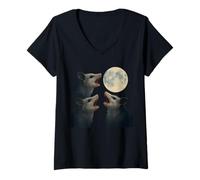 Mujer Tres zarigüeyas aullando a la Luna Llena Medianoche Travesura, Camiseta Cuello V