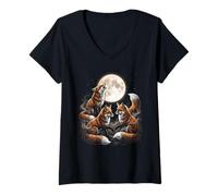Mujer Tres Zorros Luna Aullando Camiseta Cuello V