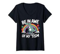 Mujer Trex Dinosaur Autism Awareness Be In Awe Of My Tism Kids Camiseta Cuello V