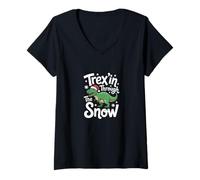 Mujer Trex'in Through The Snow Divertida Navidad con Dinosaurios Camiseta Cuello V