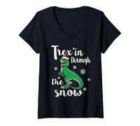 Mujer Trex'in Through The Snow Divertida Navidad con Dinosaurios Camiseta Cuello V