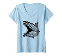 Mujer Tribal Barracuda Head Ocean Fish Predator Estilo Gráfico Camiseta Cuello V