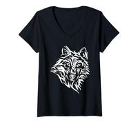 Mujer Tribal Wolf Head Design Feroz Lone Northern Spirit Art Camiseta Cuello V