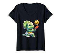 Mujer Triceratops jugando al pickleball, amante de los dinosaurios, paleontología Camiseta Cuello V
