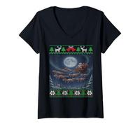 Mujer Trineo de Papá Noel con Cresta Gecko FEA Navidad Camiseta Cuello V