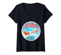Mujer Trineo El Mundo Divertido Papá Noel Navidad Viajero Blog Camiseta Cuello V