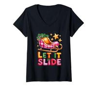 Mujer Trineo navideño Let It Slide con Estrellas Festivas Camiseta Cuello V