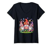 Mujer Trío de tres gnomos caprichosos flores y mariposas en flor Camiseta Cuello V
