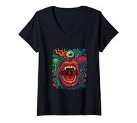 Mujer Trippy Art Surrealista Cara Loca Boca Alternativa Moda Camiseta Cuello V
