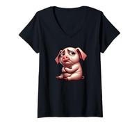 Mujer Triste Grumpy Cerdo Sentado Lindo Dibujos Camiseta Cuello V