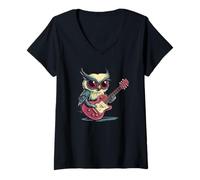 Mujer Trituración de búho fresco en un disfraz de guitarra eléctrica Camiseta Cuello V