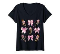 Mujer Trompeta Instrumento Chica Trompeta Coqueta Arco Rosa Mamá Camiseta Cuello V