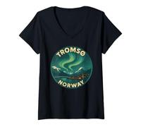 Mujer Tromso Noruega Noruega Noruega Aurora Boreal Nieve Retro Oslo 47 Camiseta Cuello V