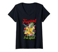 Mujer Tropical Fruit Splash Piña, Naranja, Fresa, Kiwi, Bayas Camiseta Cuello V