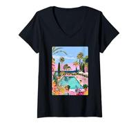 Mujer Tropical Poolside Dreamy Art Summer Estética Vacaciones en la Piscina Camiseta Cuello V