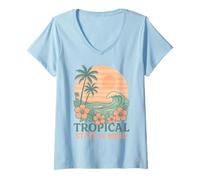 Mujer Tropical State of Mind Hibisco Flor Palmera Océano Ola Camiseta Cuello V