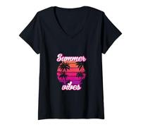 Mujer Tropical Vibes Beach Sunset Palms Retro Summer Energy Camiseta Cuello V