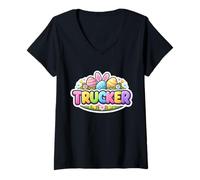 Mujer Trucker Happy Easter Truck Driver Bunny Eggs Orejas Festivo Camiseta Cuello V
