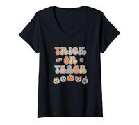 Mujer Truco o enseñanza Enseño Profesor Profesora Halloween Retro Camiseta Cuello V