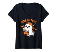 Mujer Truco o Trato Fantasma Halloween Calabaza Jack O Lantern Camiseta Cuello V