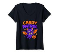 Mujer Truco Trato Murciélago Halloween Candy Patrol Calabaza Camiseta Cuello V
