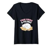 Mujer True Crime Cat Lover Misterio Podcast Entusiasta Felino Camiseta Cuello V