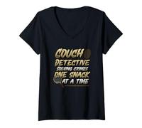 Mujer True Crime Fan Couch Detective Case Resolviendo Camiseta Cuello V