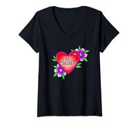 Mujer True Crime Lover x Flor Corazón Tradicional Tatuaje Flash Camiseta Cuello V
