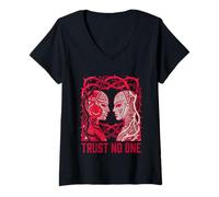 Mujer Trust No One Máscara de Traidor Daga Oculta Linocut Camiseta Cuello V