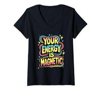 Mujer Tu energía es magnética Retro Positive Vibes Ley de Atracción Camiseta Cuello V