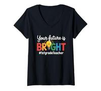 Mujer Tu Futuro es Brillante Primer Grado Regreso a la Escuela Camiseta Cuello V
