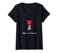 Mujer Tulipanes para la concienciación de Parkinson Neurología Defensor del Paciente Camiseta Cuello V