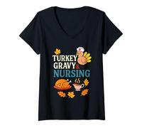 Mujer Turkey Gravy and Nursing Funny Thanksgiving Autumn Vibes Camiseta Cuello V