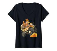 Mujer Turkey Riding Monster Truck Funny Día de Acción de Gracias Peregrino Camiseta Cuello V