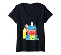 Mujer Turquía Estambul Ciudad De Gatos Colorido Letras Torre Galata Camiseta Cuello V