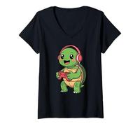 Mujer Turtle Playing Video Game Reptiles Testudines Gamers Camiseta Cuello V