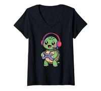 Mujer Turtle Playing Video Game Reptiles Testudines Gamers Camiseta Cuello V