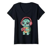 Mujer Turtle Playing Video Game Reptiles Testudines Gamers Camiseta Cuello V